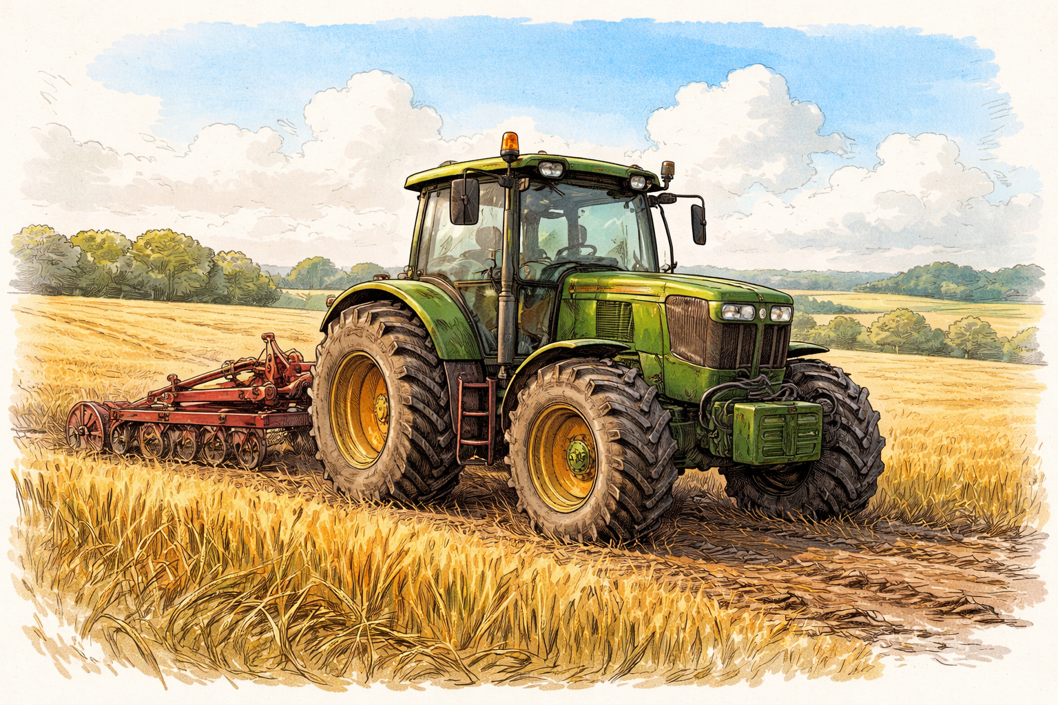 A tractor in a wheat field